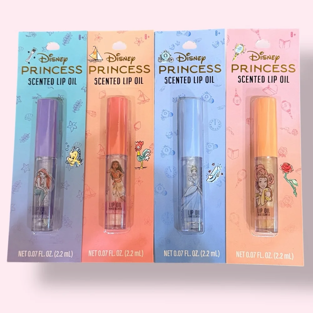 Disney Princess Scented Lip Oil Set + Blue Gingham Zipper Pouch New